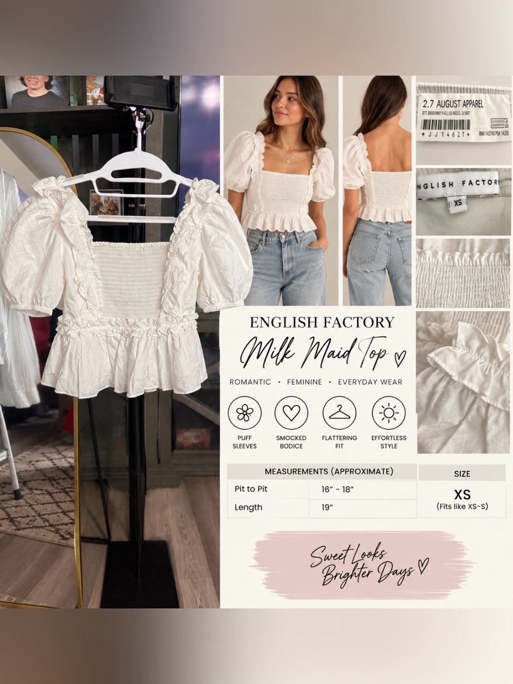 English Factory White Puff Sleeve Smocked Peplum Top